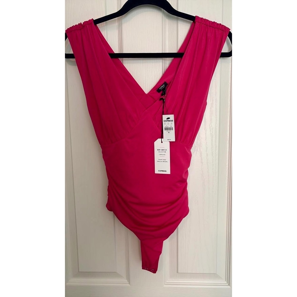 Express Bodysuit Women XS Pink NEW Body Contour Surplice Ruched Compression
